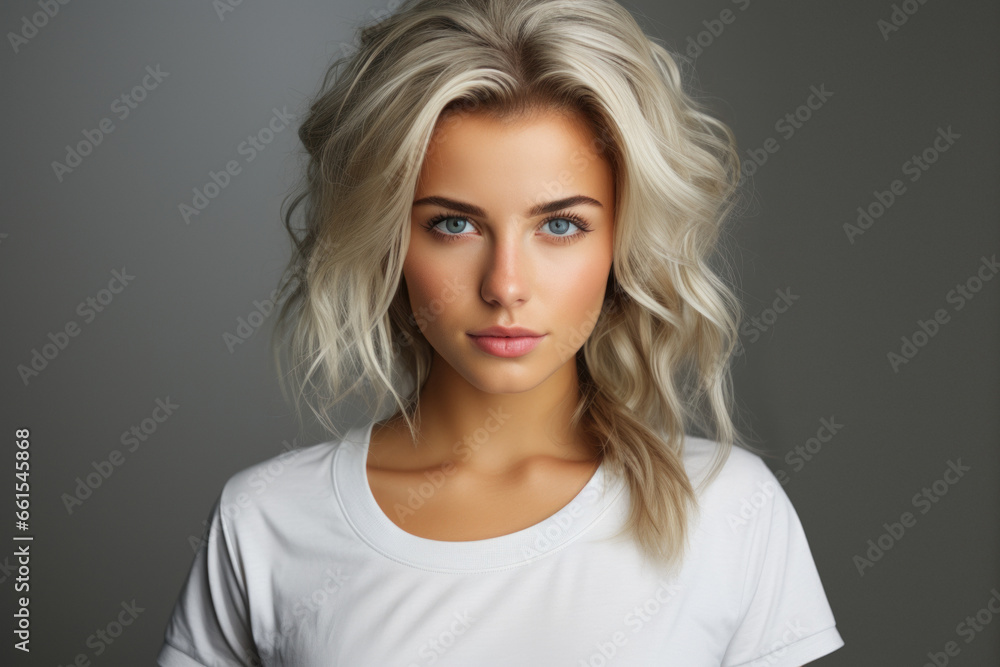 Beautiful young blond woman in white t-shirt isolated on gray background Beautiful young blond woman in white t-shirt isolated on gray background