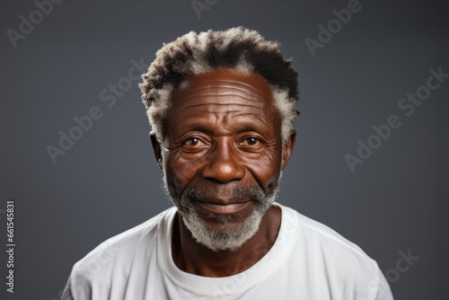 Senior bearded african american man in white t-shirt on dark gray background