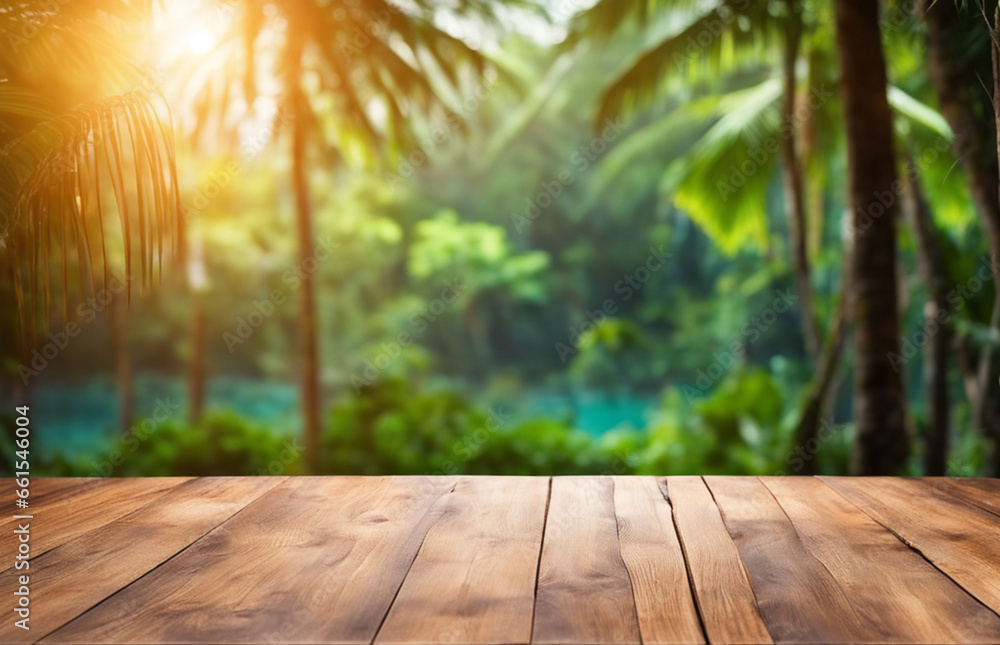 mockup wooden table, stand for the demonstration of products on the background of the evening beach. glowing garlands blurred background bokeh green background with tropical plants background blurred mockup wooden table, stand for the demonstration of products on the background of the evening beach. glowing garlands blurred background bokeh green background with tropical plants background blurred