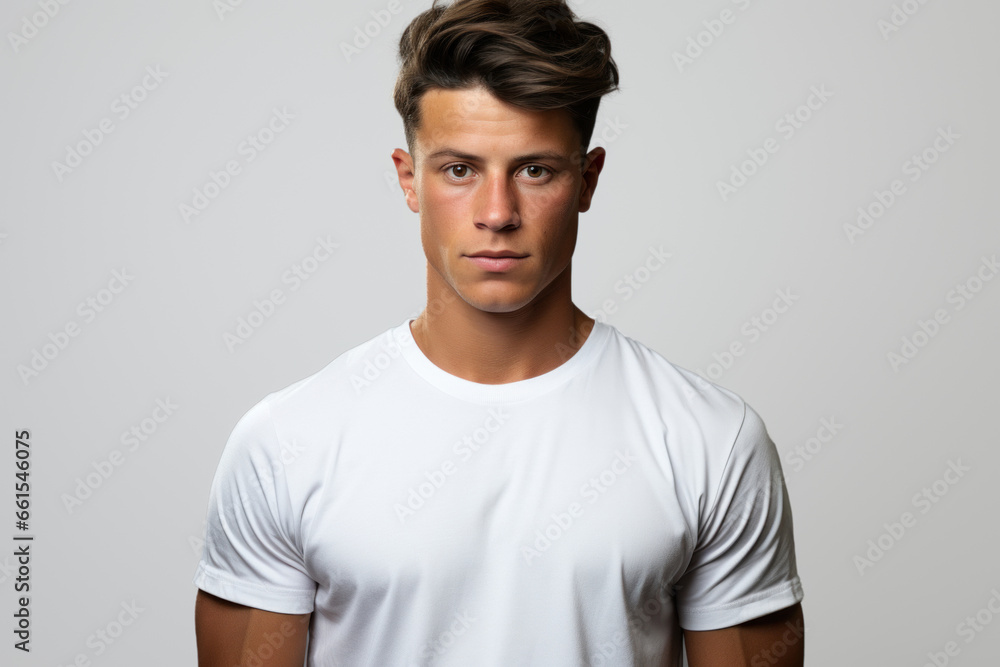 Fototapeta premium Portrait of a young Caucasian brunette man on a white background