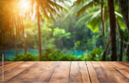 mockup wooden table, stand for the demonstration of products on the background of the evening beach. glowing garlands blurred background bokeh green background with tropical plants background blurred