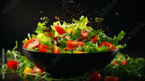 Fresh vegetable salad with olives and tomatoes in black bowl on black background