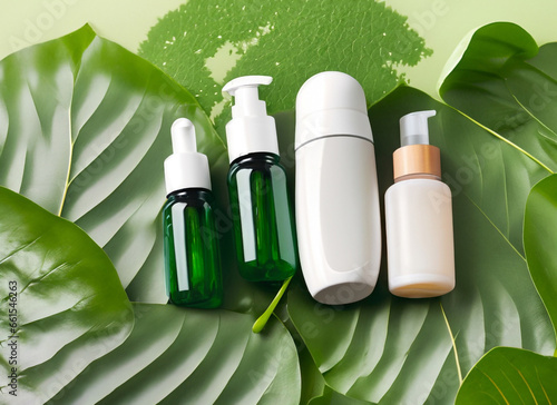 Cosmetic bottles with green leaves on green background. Generative AI