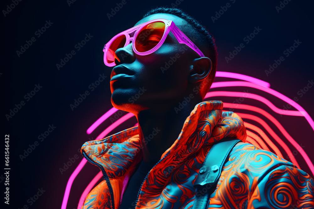 Portrait of Fashion African man with neon costume and glasses in style of retro futurism, colorful bright cool look Portrait of Fashion African man with neon costume and glasses in style of retro futurism, colorful bright cool look
