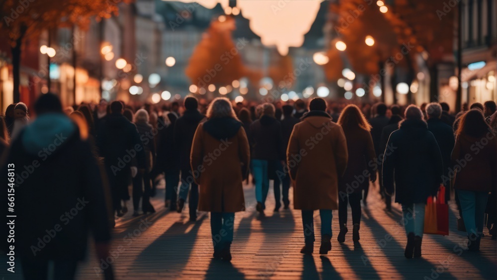 A blurry crowd of unrecognizable people on a fall street at sunset. crowd of people in a shopping A blurry crowd of unrecognizable people on a fall street at sunset. crowd of people in a shopping