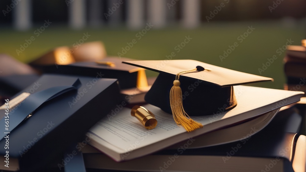 a mortarboard and graduation scroll on top of the books on university lawn a mortarboard and graduation scroll on top of the books on university lawn