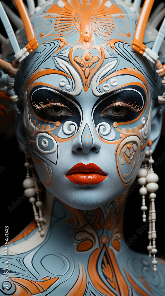 Extraordinary halloween make up, luxury fashion photography face of unknown woman, wearing futuristic haute couture halloween costume. AI Generation Extraordinary halloween make up, luxury fashion photography face of unknown woman, wearing futuristic haute couture halloween costume. AI Generation