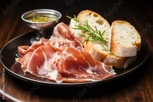 Delicious prosciutto accompanied by bread and infused with thyme. Generative AI