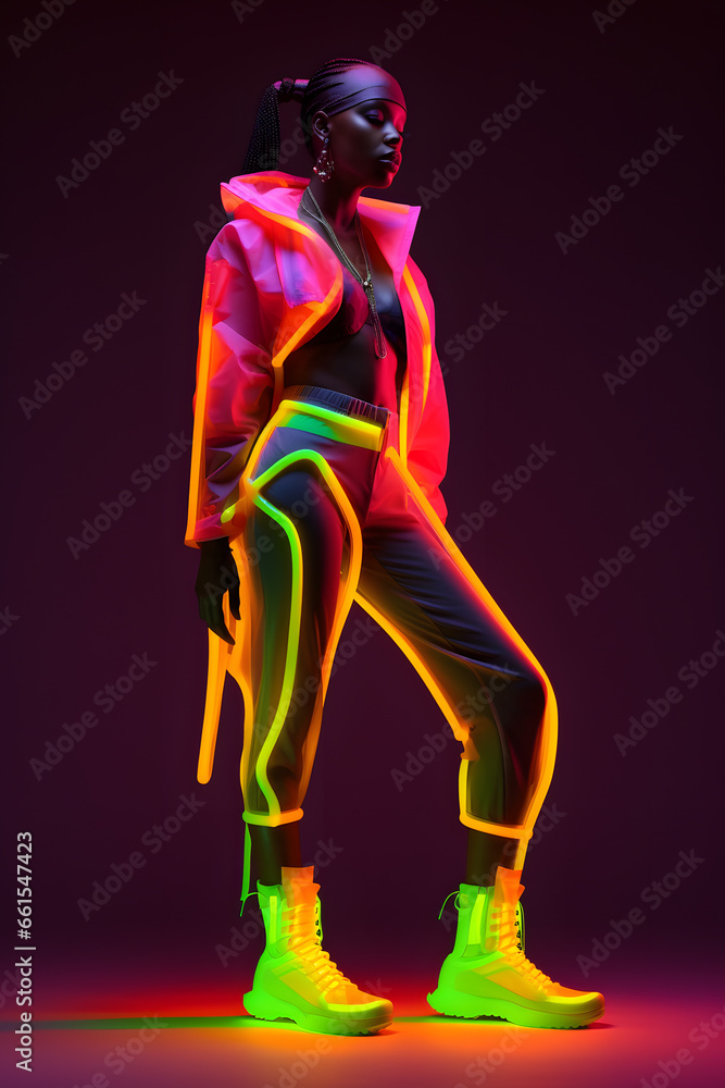 Fashion stylish African woman in neon costume and neon shoes, in the style of futuristic pop, luminous color palette