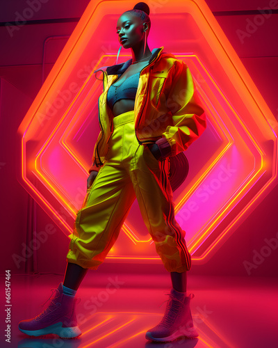 Fashion stylish African woman in neon costume and neon shoes, in the style of futuristic pop, luminous color palette © Oksana