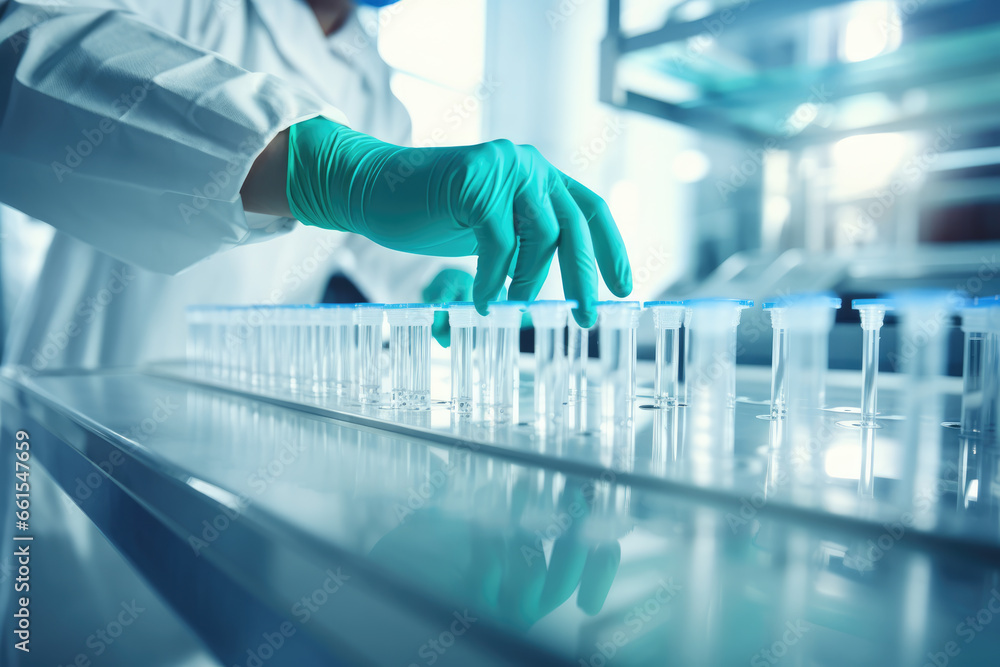 Medical Gloves Handling Test Tube Vials in Laboratory, Vaccine, Covid - Generative AI Medical Gloves Handling Test Tube Vials in Laboratory, Vaccine, Covid - Generative AI