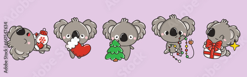 Collection of Vector Christmas Koala Bear Art. Set of New Year Animal Illustration for Stickers.