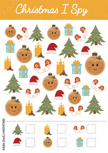 Christmas worksheets. Math logical games. Mathematic activities for schooling, early education. Winter preschool kindergarten educational activity for kids. Christmas holiday I spy.