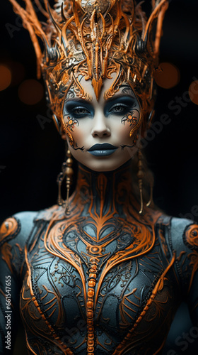 Extraordinary halloween make up, luxury fashion photography face of unknown woman, wearing futuristic haute couture halloween costume. AI Generation © Elena