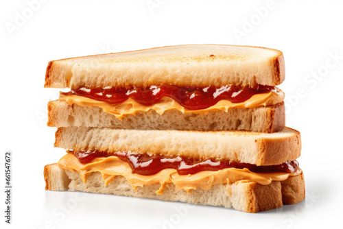 Peanut butter and jelly sandwich on white background