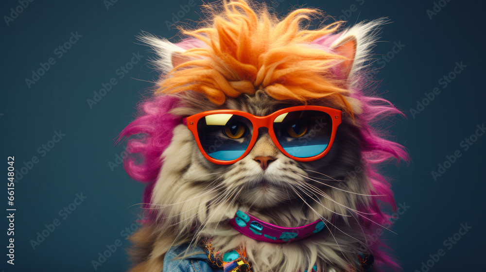 
A portrait of a groovy cat, standing against a dark backdrop, dressed in stylish attire and sporting trendy sunglasses, all geared up for a night of fun at the disco. A minimalist concept for an unfo