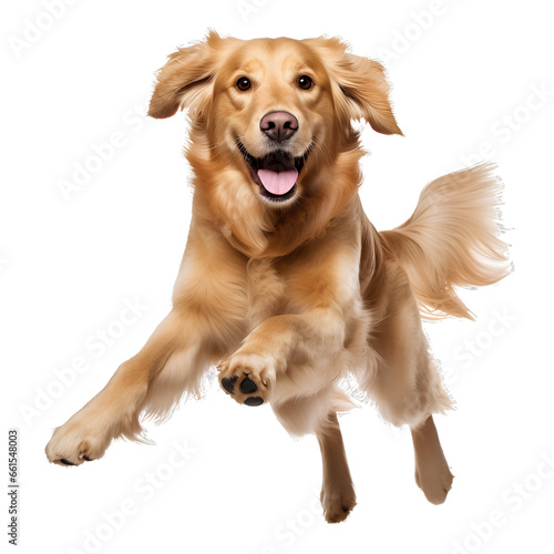 Golden retriever dog running and jumping happily on transparent background PNG