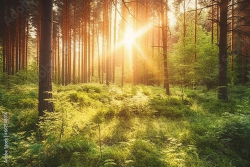 Sunset or sunrise in the summer forest. Landscape with sunbeams in the morning.