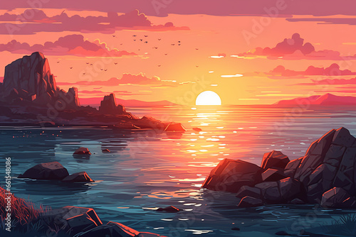 Sunset over the sea. Vector illustration in a flat style.