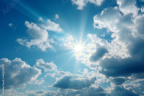 Blue sky background with tiny clouds and sun. Natural sky background.