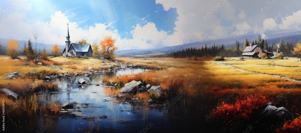 Church by the river in autumn landscape. Painting effect