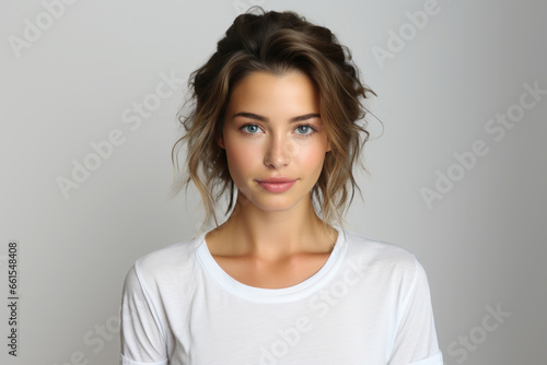 Beautiful young dark-haired brunette woman in white t-shirt isolated on white background photo