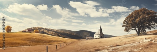 Panoramic view of the old church on the hillside.