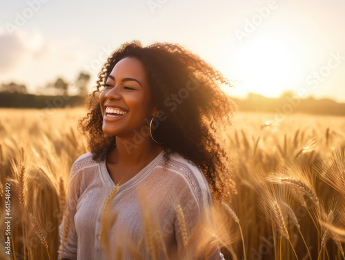 Happy woman having fun in wheat field in the afternoon