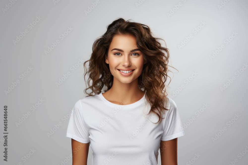 Beautiful young dark-haired brunette woman in white t-shirt isolated on white background Beautiful young dark-haired brunette woman in white t-shirt isolated on white background