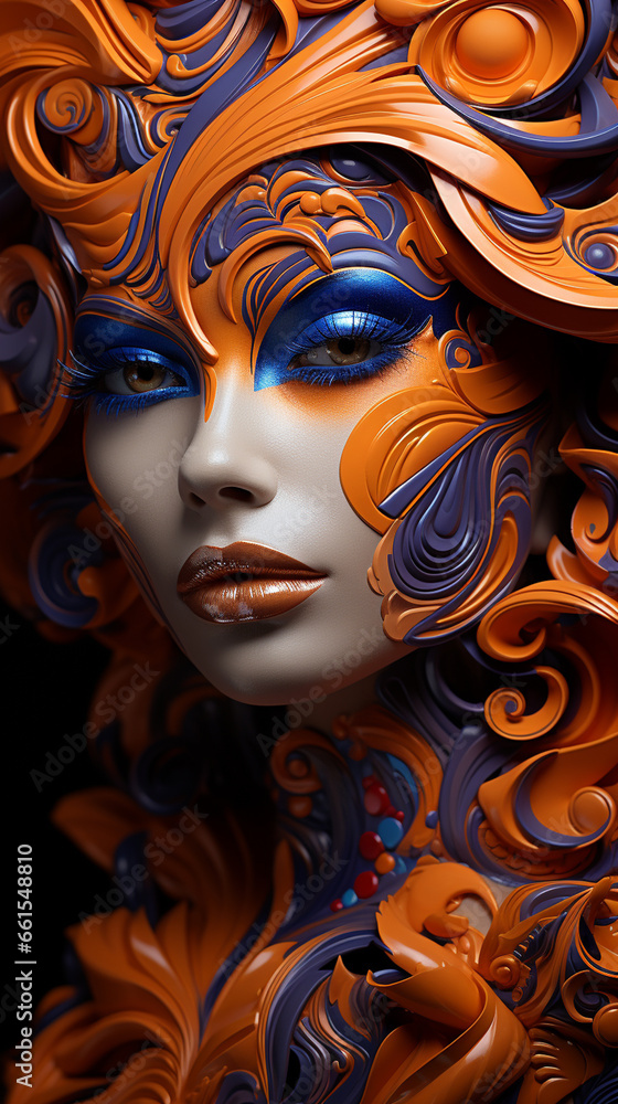 Futuristic Extraordinary halloween make up, luxury fashion photography face of unknown woman, wearing haute couture halloween costume. AI Generation