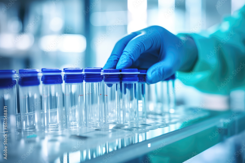 Medical Gloves Handling Test Tube Vials in Laboratory, Vaccine, Covid - Generative AI Medical Gloves Handling Test Tube Vials in Laboratory, Vaccine, Covid - Generative AI