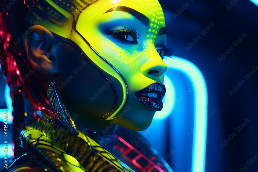 Portrait of Fashion African woman with neon costume and glasses in style of retro futurism, colorful bright cool look Portrait of Fashion African woman with neon costume and glasses in style of retro futurism, colorful bright cool look