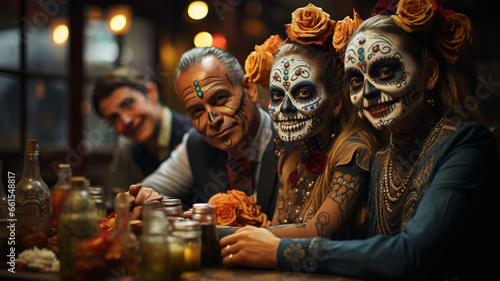 Group of friends sitting at a table in costume celebrating the Day of the Dead in Mexico.