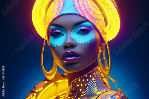 Portrait of Fashion African woman with neon costume and glasses in style of retro futurism, colorful bright cool look