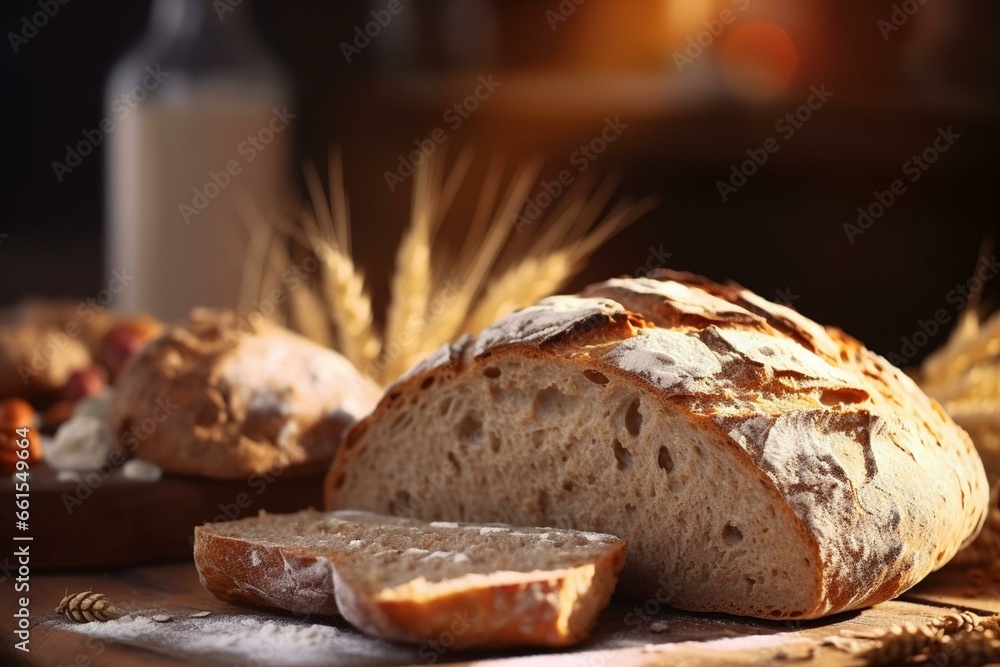 Closeup image of fresh bread on rustic wooden table. Generative AI