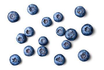 Group of fresh blueberries isolated on white background. Top view