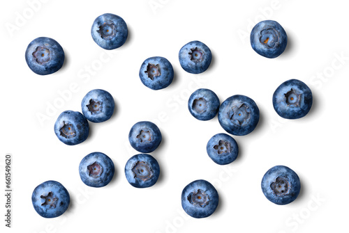 Group of fresh blueberries isolated on white background. Top view