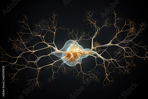 Abstract medical background. Neurons brain cells. Network of neurons in human brain on black background