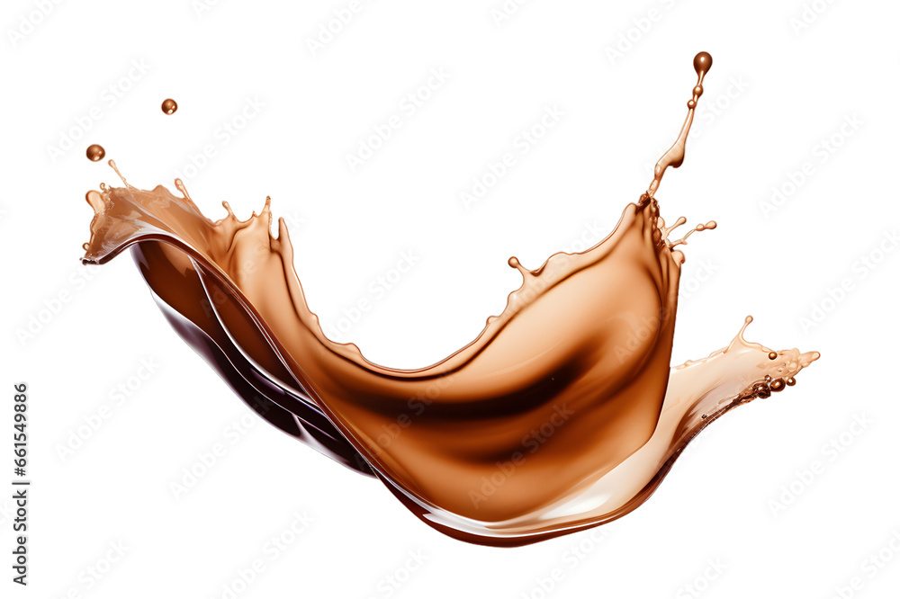 brownish coffee or chocolate splash isolated on a transparent background, coffee splashing - obrazy, fototapety, plakaty 