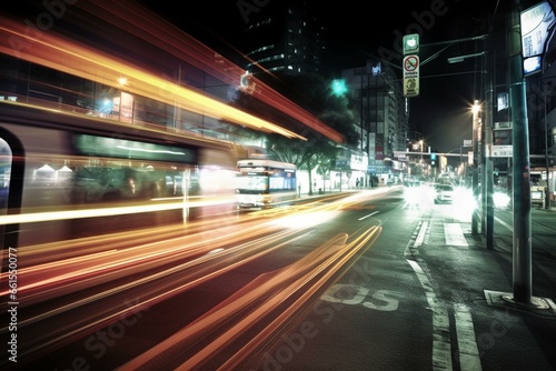Vibrant urban nighttime scene with blurred motion of cars and bus. Generative AI