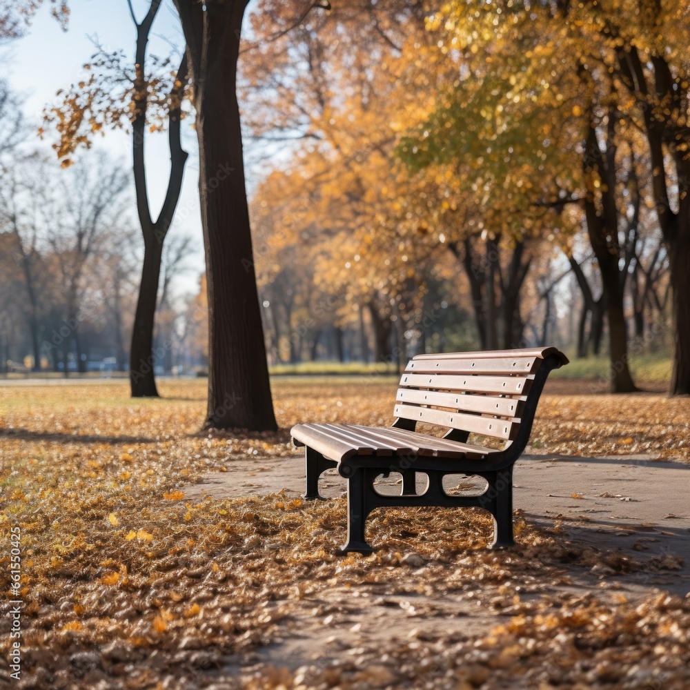 a wooden bench is sitting in the park in late autumn