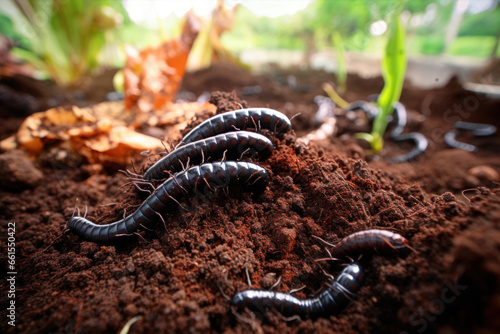 Earthworms in black soil of greenhouse. Macro Brandling, panfish, trout, tiger, red wiggler, Eisenia fetida. Garden compost and worms recycling plant waste into rich soil improver and fertilizer