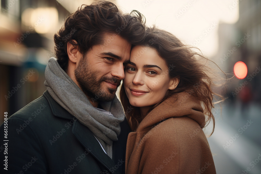 Picture made with generative AI of handsome man and charming girl in love walking together on an evening date