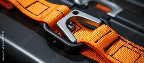 Close up of an orange ratchet lock on a cargo strap photo