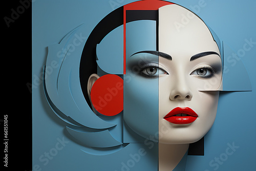 Trendy abstract illustration of woman in vintage minimalistic geometry elements Generative AI picture