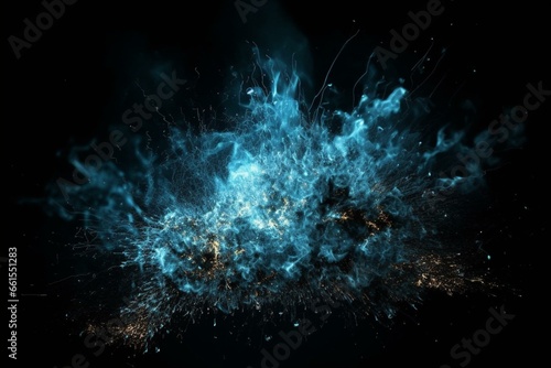 Blue fiery particles, embers, and sparks on a black background. Texture overlays create a burning explosion effect. Stock illustration. Generative AI