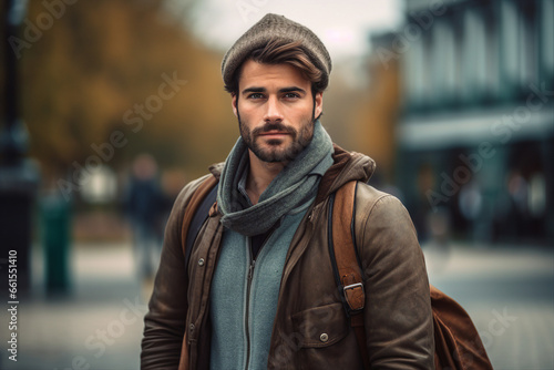 Generative AI photo image of handsome cheerful guy nice man traveling in the city