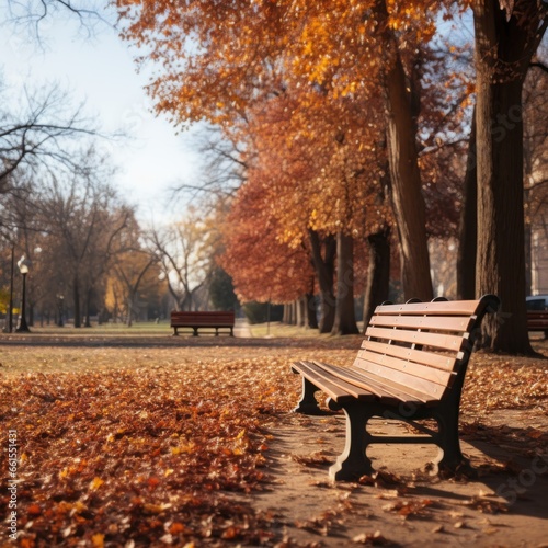 a wooden bench is sitting in the park in late autumn