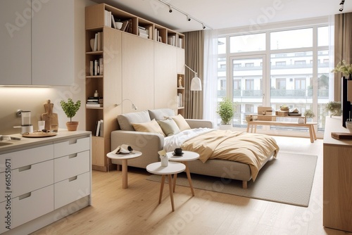 The studio apartment has a warm Scandinavian interior design with pastel white and beige hues, modern touches in the kitchen, and fashionable furnishings in the living space. Generative AI © Xanthe