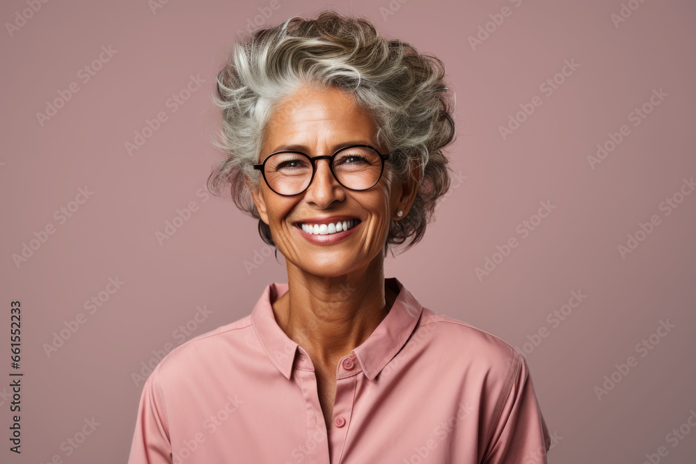 Caucasian senior woman in shirt and shirt on pink background